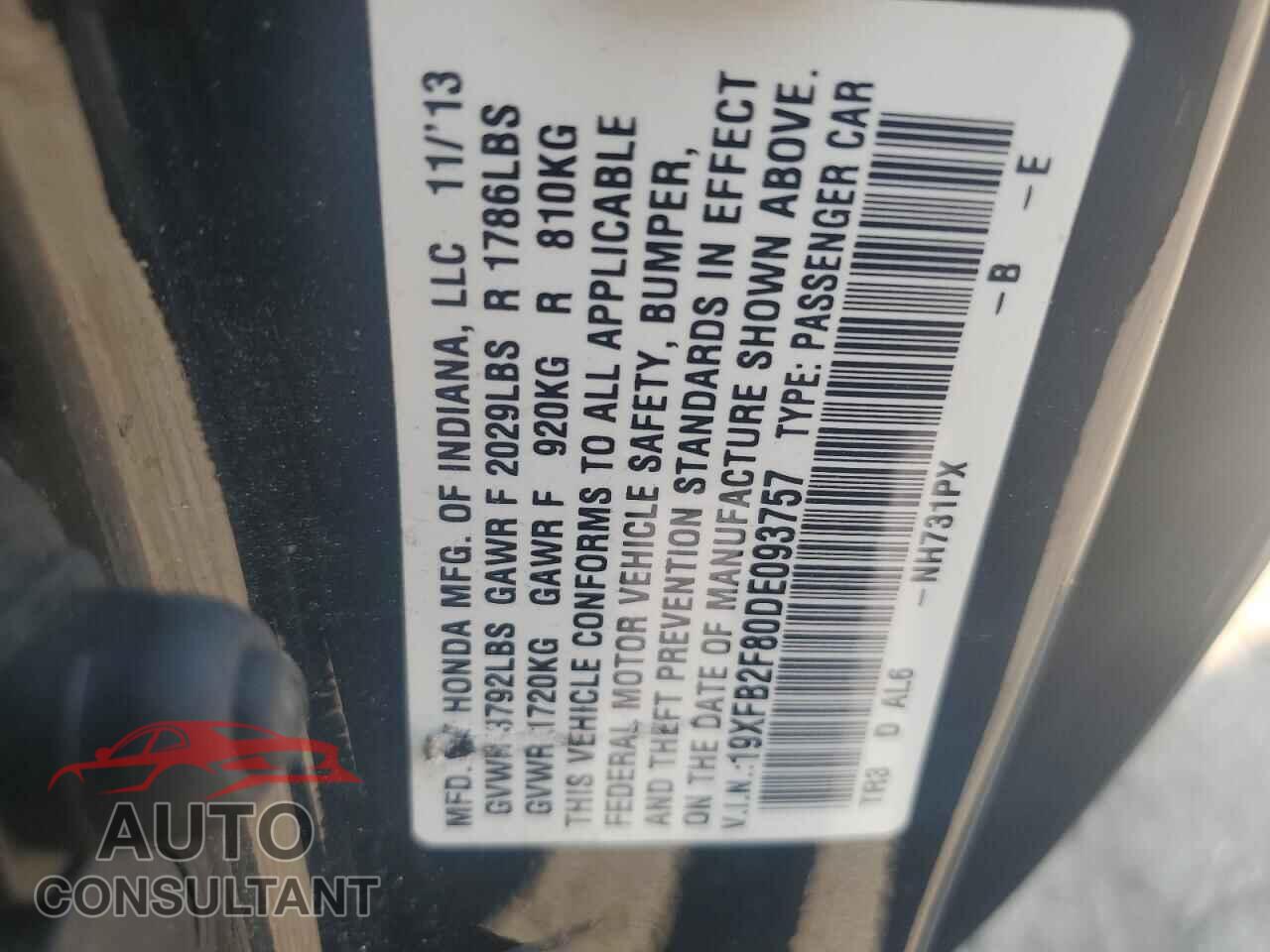 HONDA CIVIC 2013 - 19XFB2F80DE093757