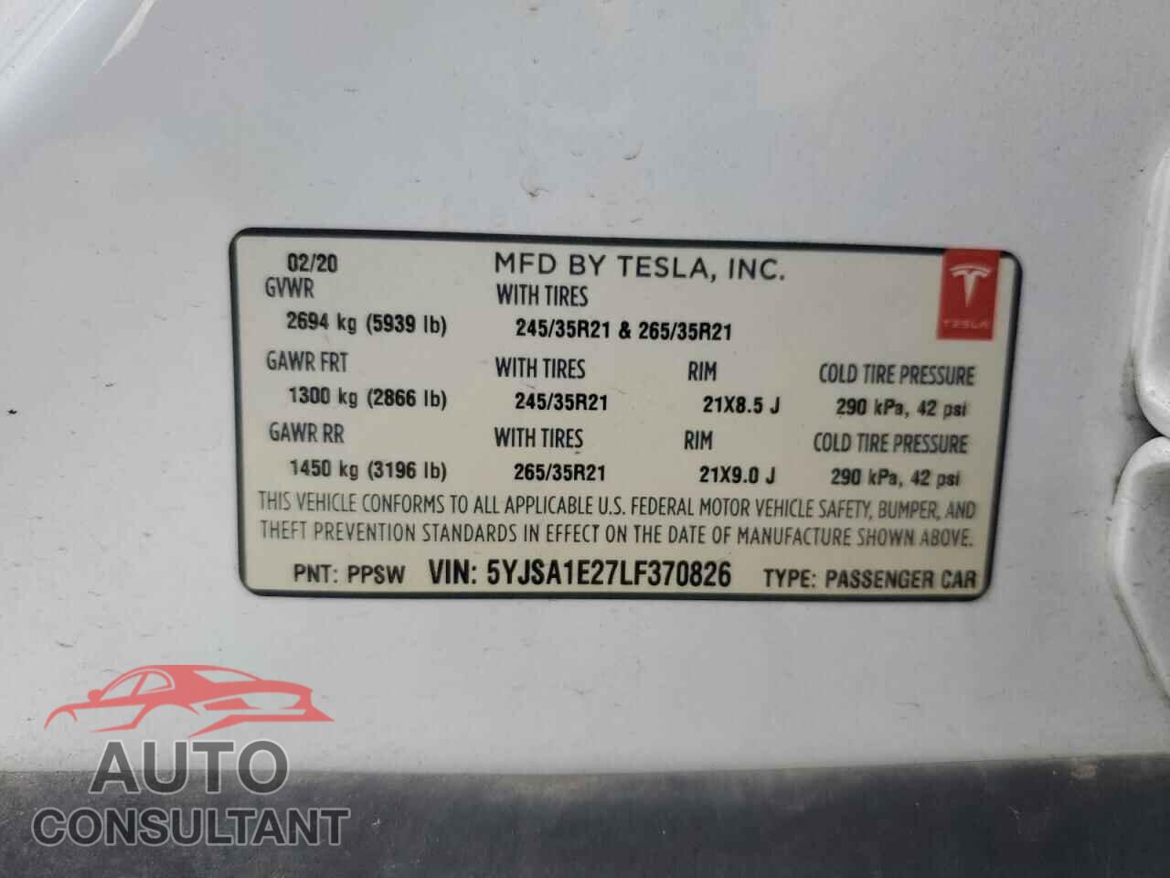 TESLA MODEL S 2020 - 5YJSA1E27LF370826