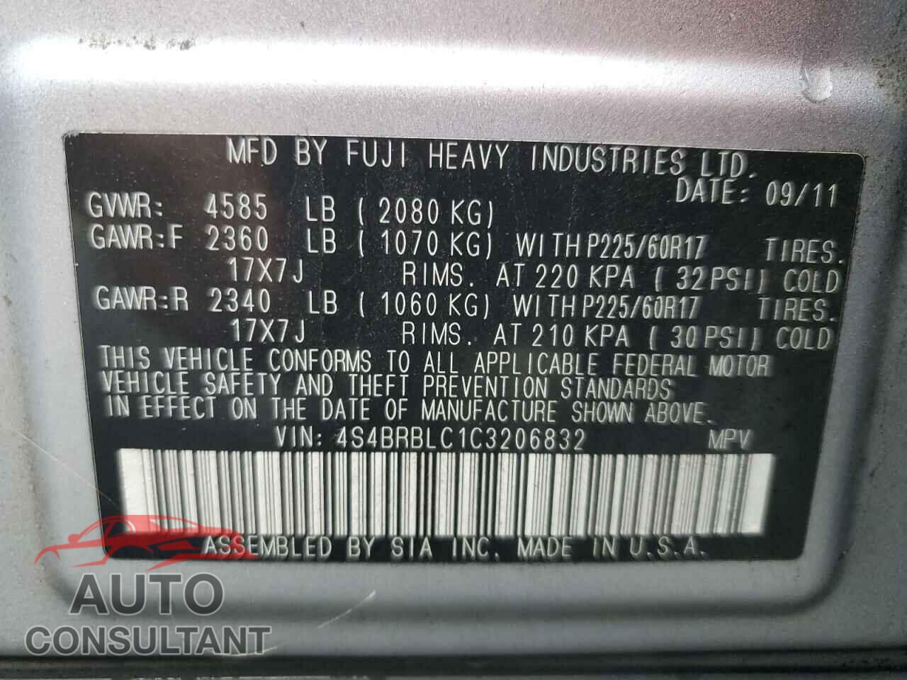 SUBARU OUTBACK 2012 - 4S4BRBLC1C3206832