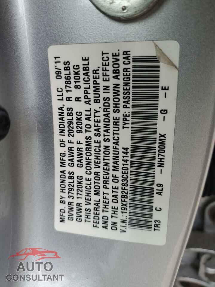 HONDA CIVIC 2012 - 19XFB2F83CE014144