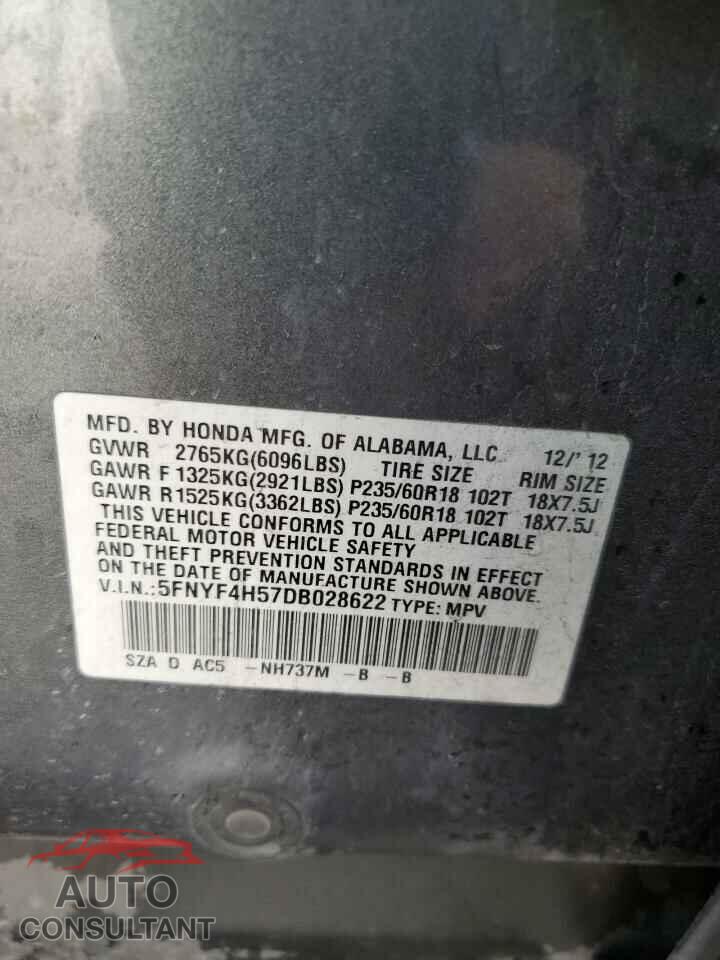 HONDA PILOT 2013 - 5FNYF4H57DB028622