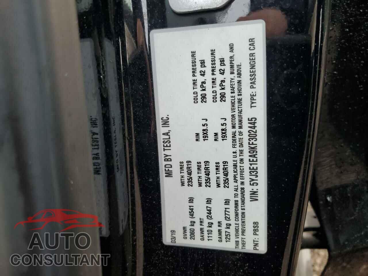 TESLA MODEL 3 2019 - 5YJ3E1EA9KF302445