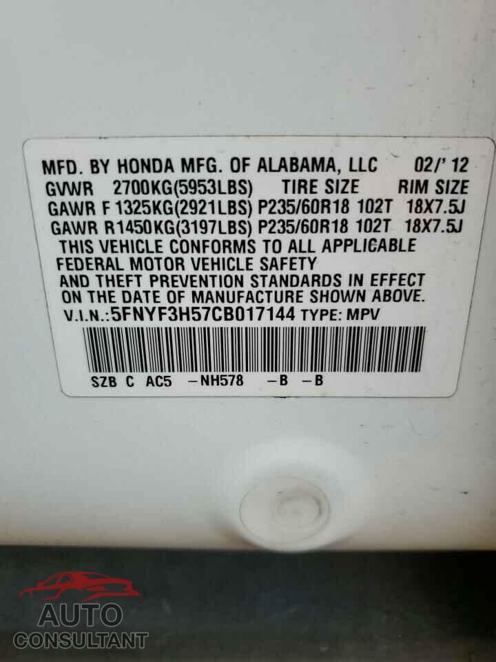 HONDA PILOT 2012 - 5FNYF3H57CB017144
