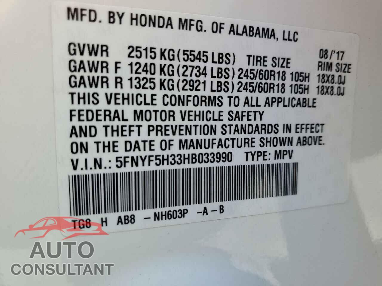 HONDA PILOT 2017 - 5FNYF5H33HB033990