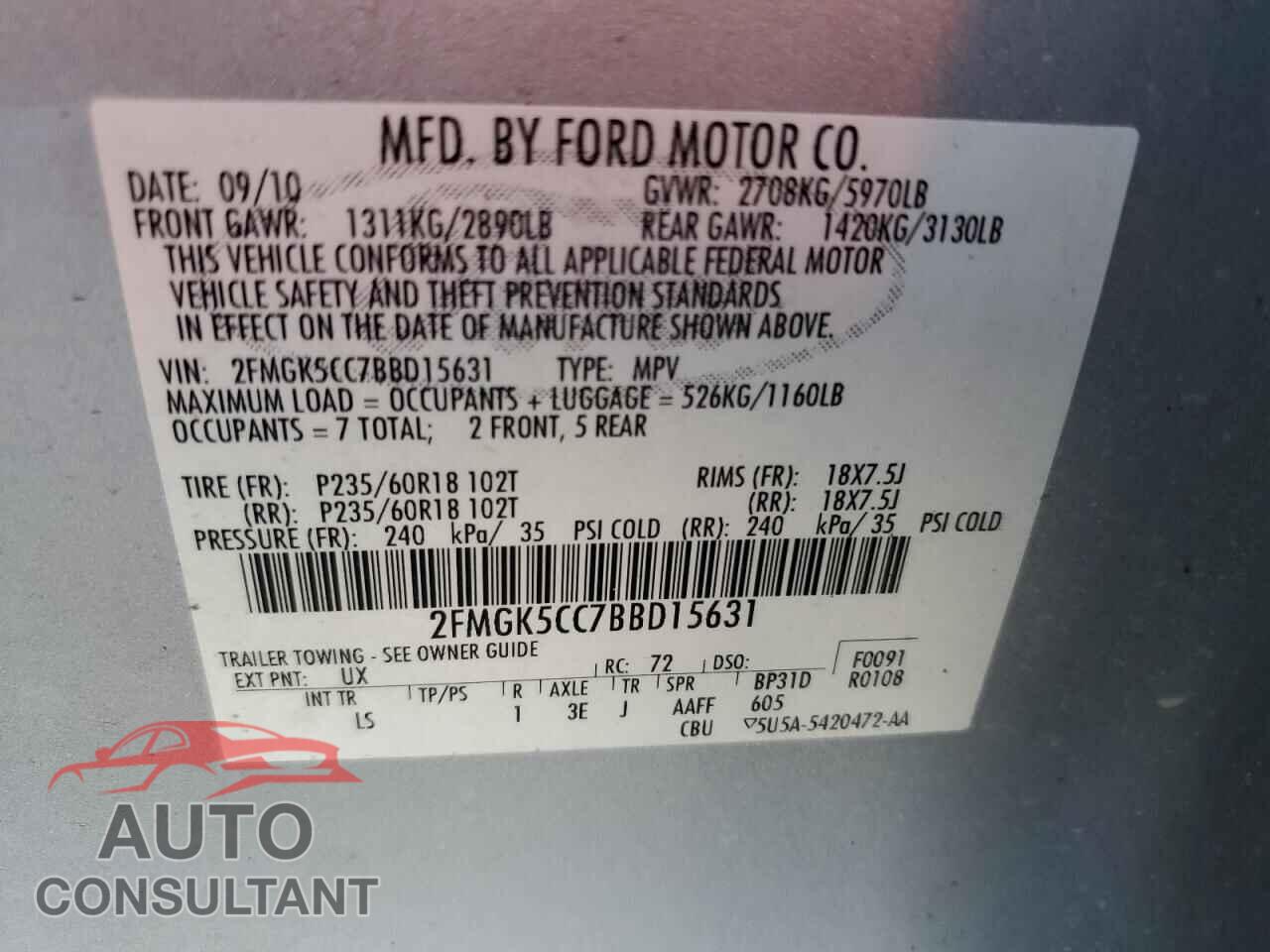 FORD FLEX 2011 - 2FMGK5CC7BBD15631
