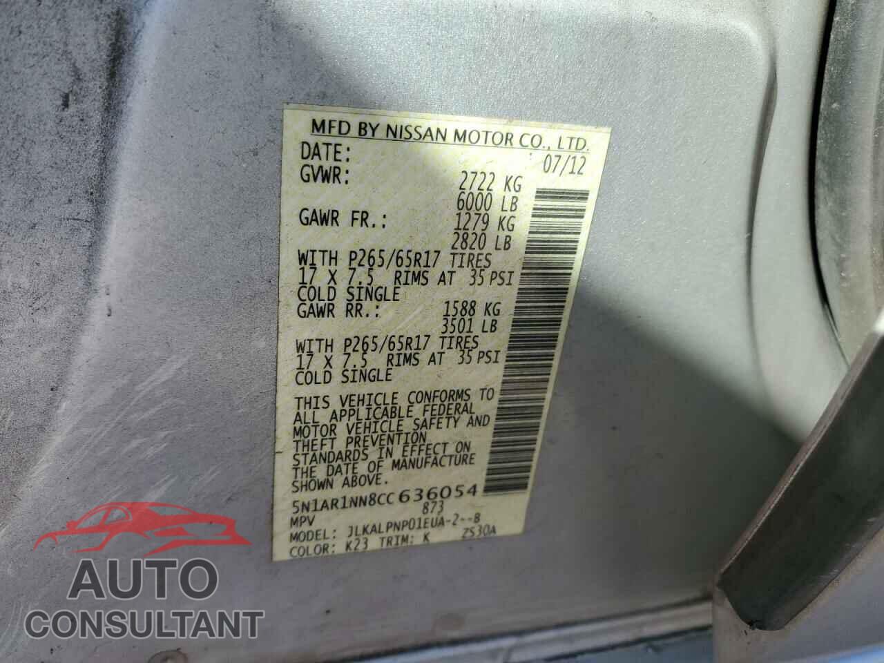 NISSAN PATHFINDER 2012 - 5N1AR1NN8CC636054