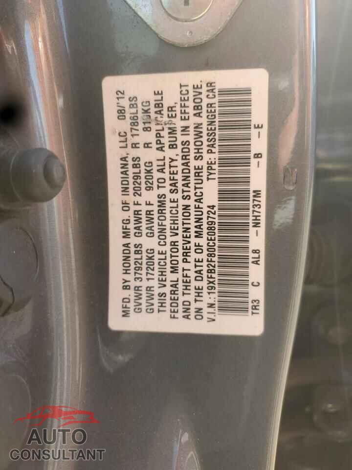 HONDA CIVIC 2012 - 19XFB2F80CE089724