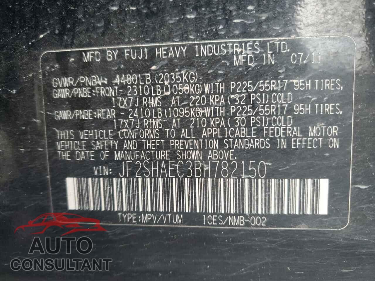 SUBARU FORESTER 2011 - JF2SHAEC3BH782150