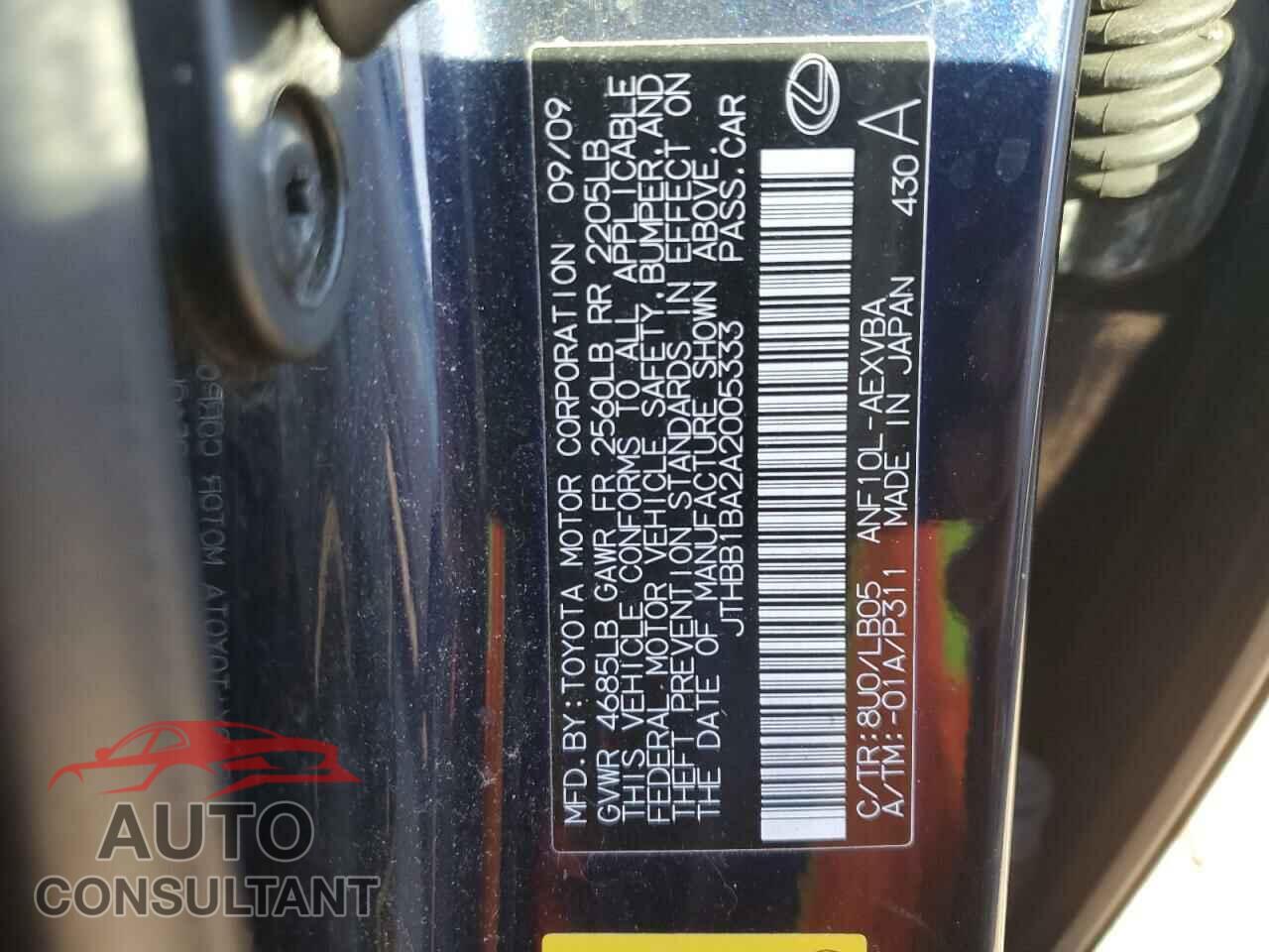 LEXUS HS 2010 - JTHBB1BA2A2005333
