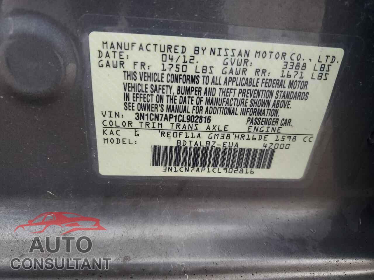 NISSAN VERSA 2012 - 3N1CN7AP1CL902816