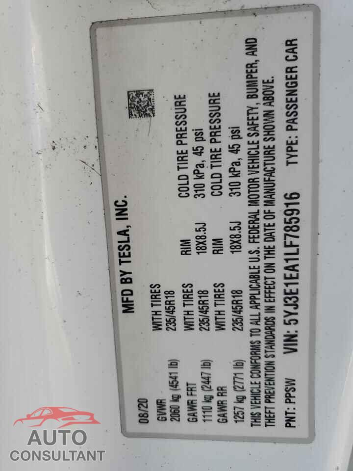TESLA MODEL 3 2020 - 5YJ3E1EA1LF785916