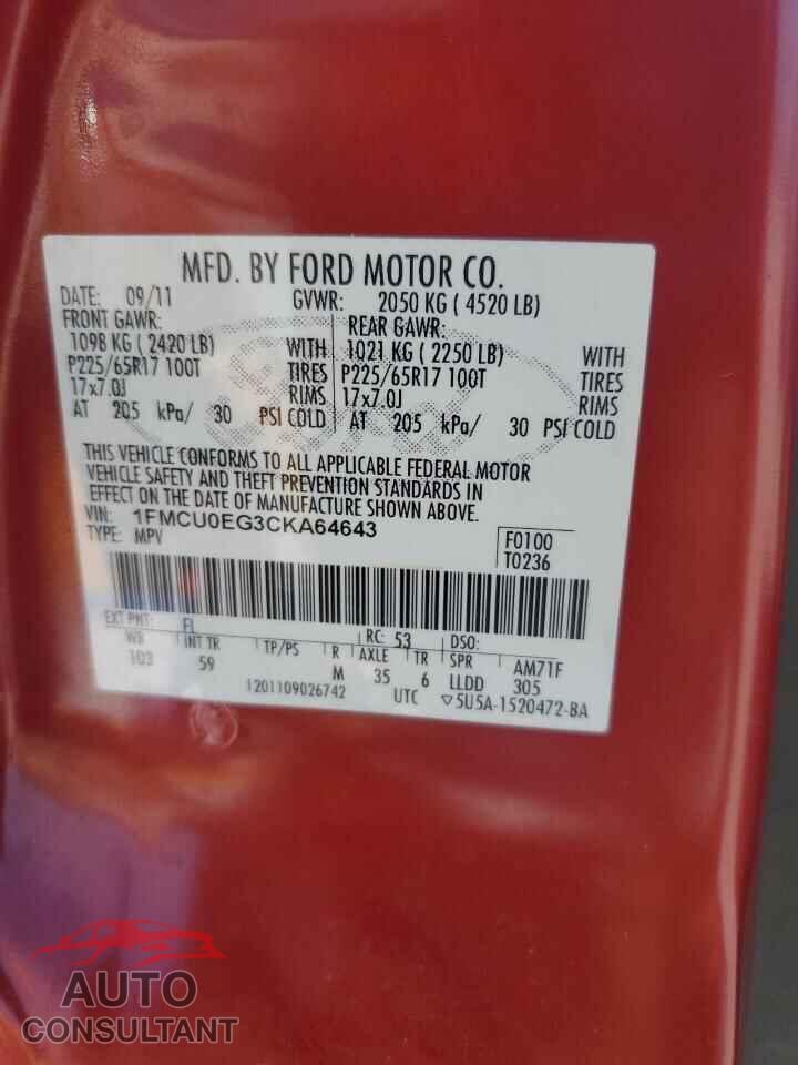FORD ESCAPE 2012 - 1FMCU0EG3CKA64643
