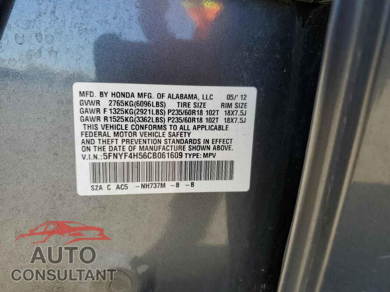 HONDA PILOT 2012 - 5FNYF4H56CB061609