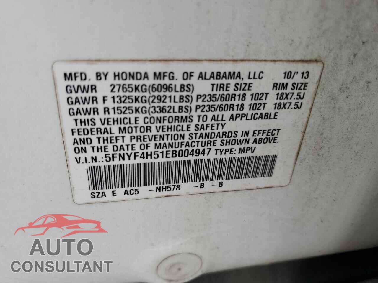 HONDA PILOT 2014 - 5FNYF4H51EB004947