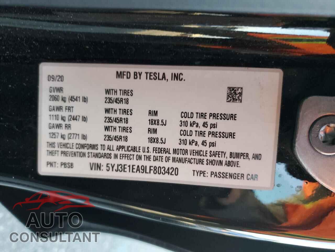TESLA MODEL 3 2020 - 5YJ3E1EA9LF803420