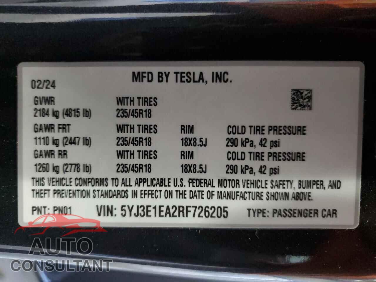 TESLA MODEL 3 2024 - 5YJ3E1EA2RF726205