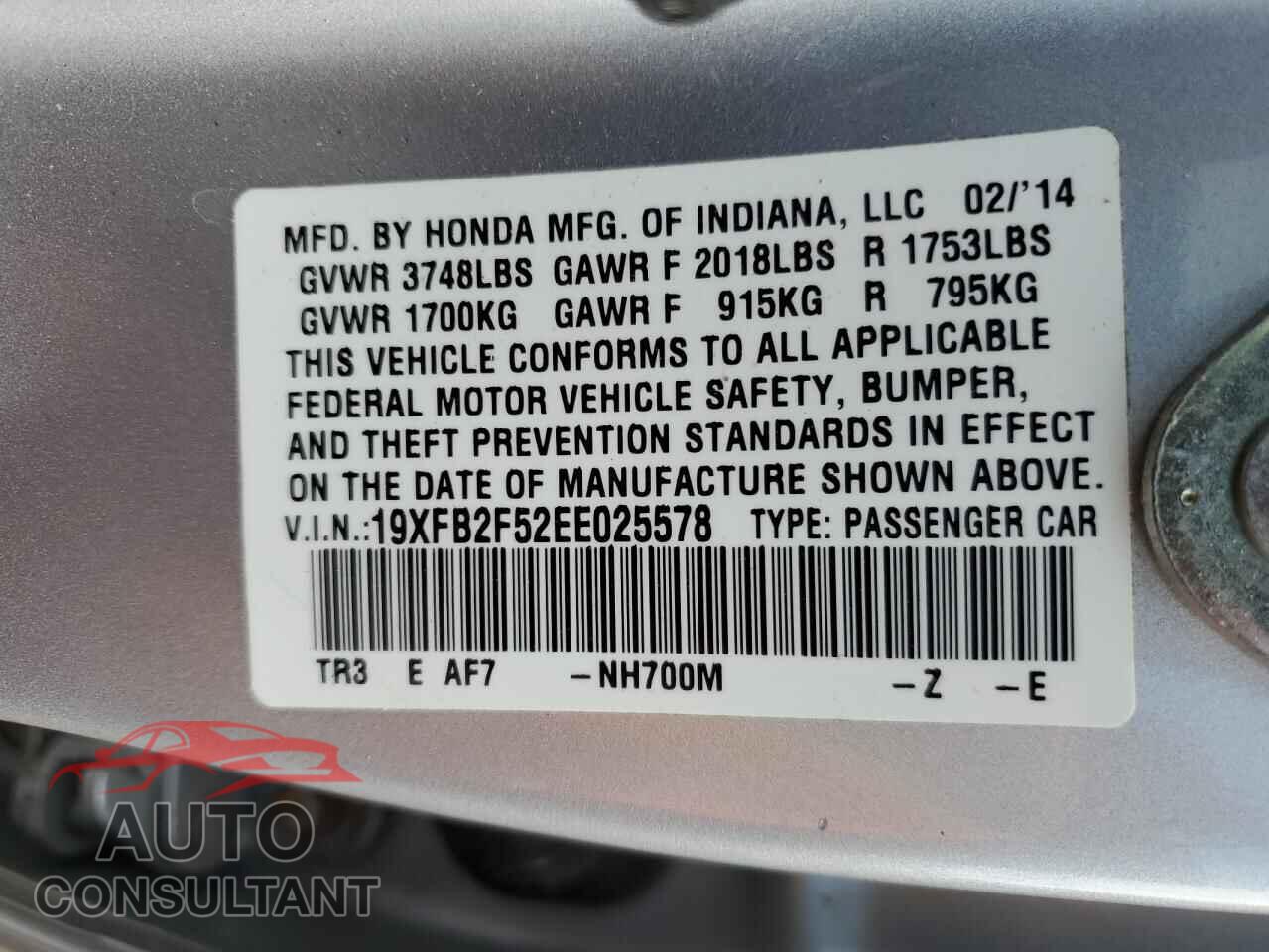 HONDA CIVIC 2014 - 19XFB2F52EE025578