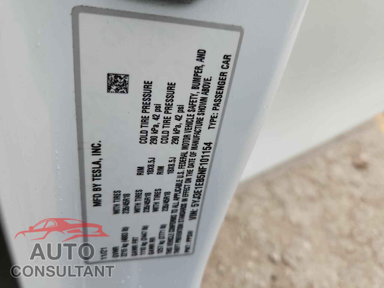 TESLA MODEL 3 2022 - 5YJ3E1EB5NF101154