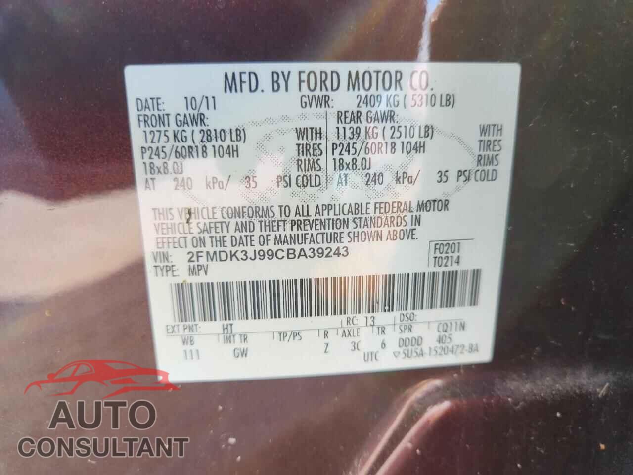 FORD EDGE 2012 - 2FMDK3J99CBA39243