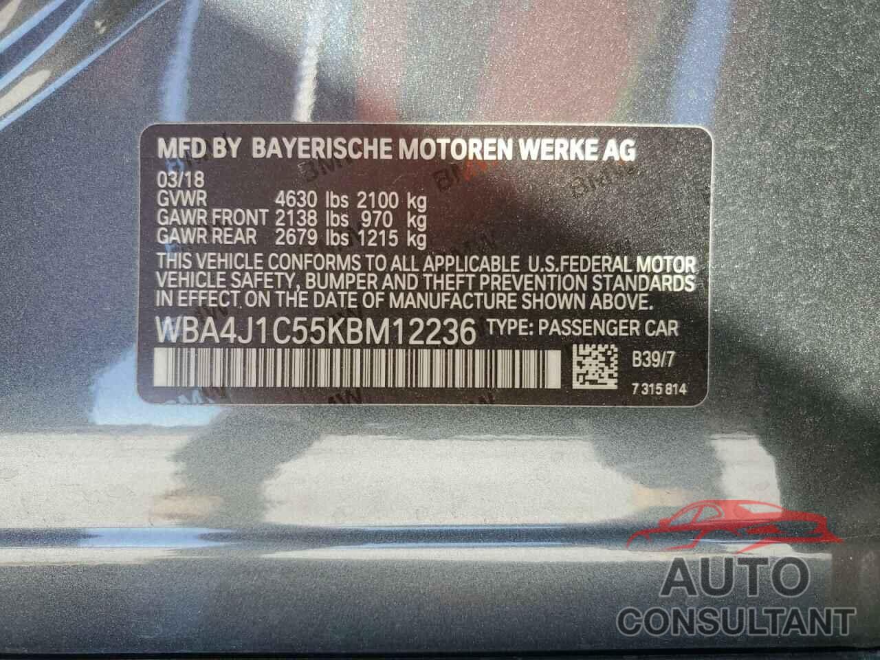 BMW 4 SERIES 2019 - WBA4J1C55KBM12236