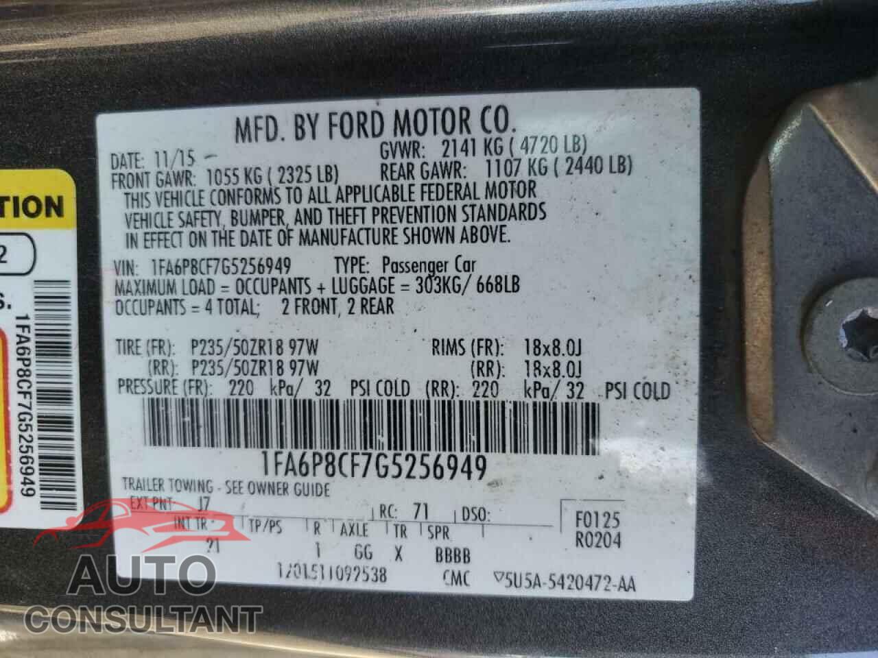FORD MUSTANG 2016 - 1FA6P8CF7G5256949