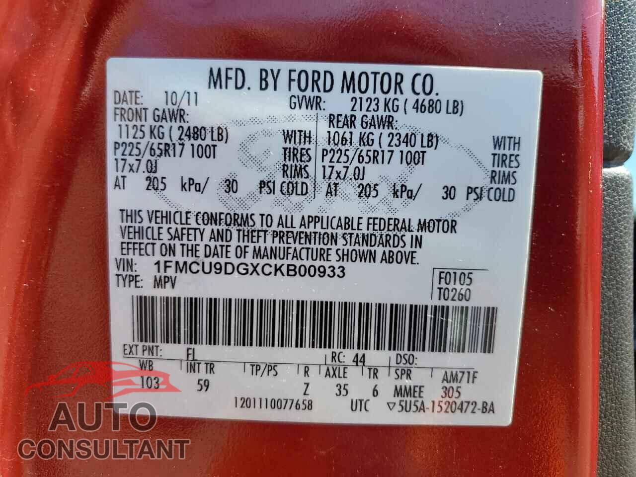 FORD ESCAPE 2012 - 1FMCU9DGXCKB00933
