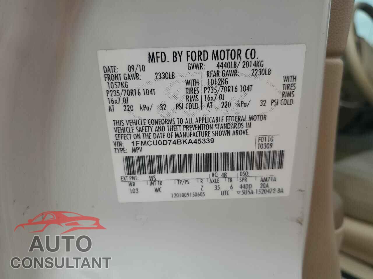 FORD ESCAPE 2011 - 1FMCU0D74BKA45339