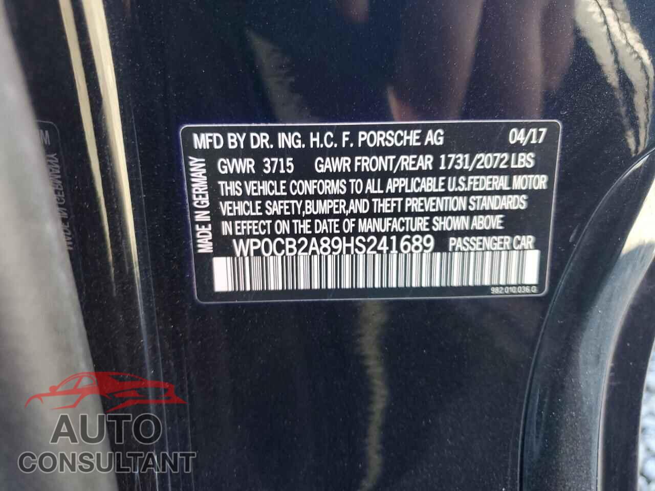 PORSCHE BOXSTER 2017 - WP0CB2A89HS241689