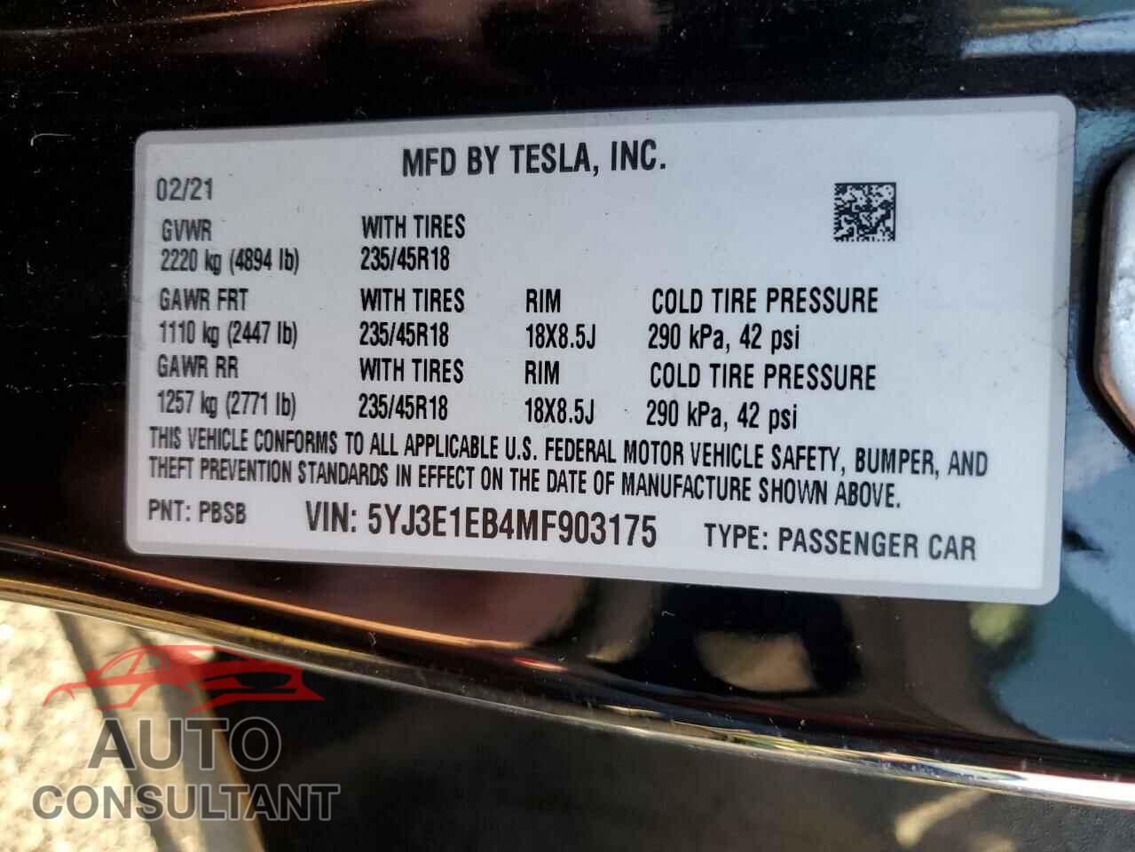 TESLA MODEL 3 2021 - 5YJ3E1EB4MF903175