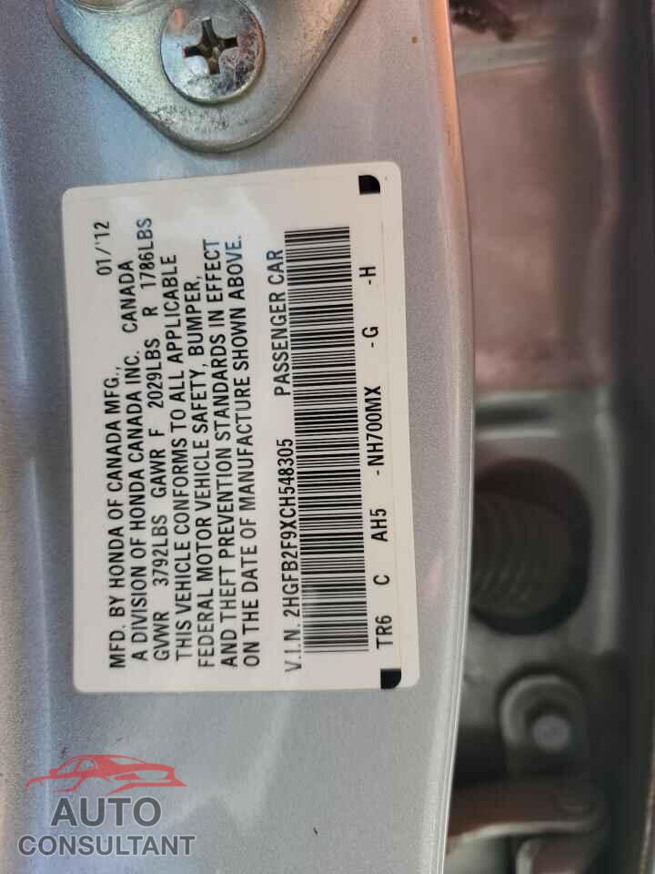 HONDA CIVIC 2012 - 2HGFB2F9XCH548305