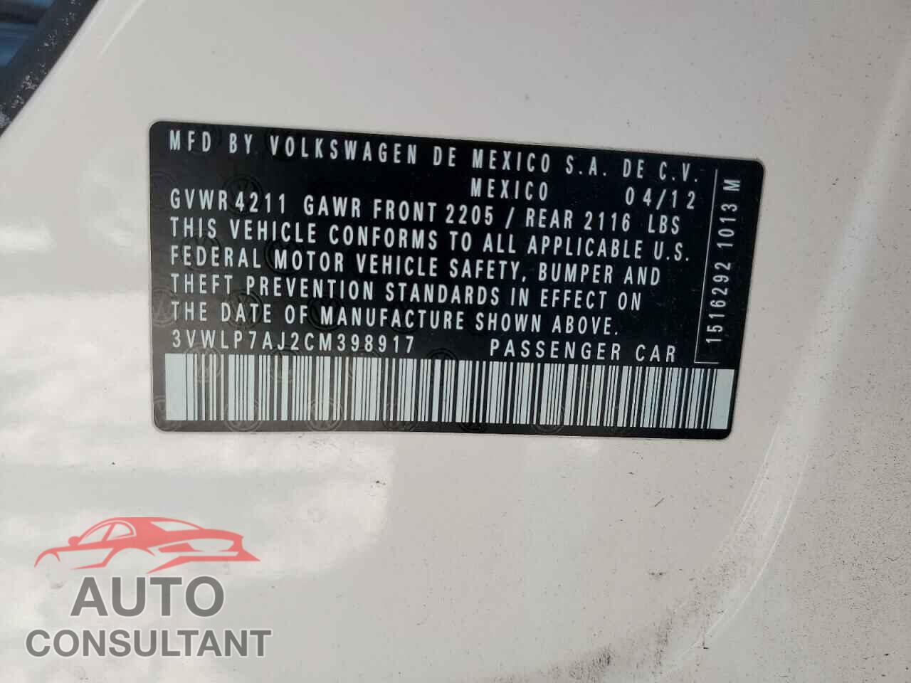 VOLKSWAGEN JETTA 2012 - 3VWLP7AJ2CM398917