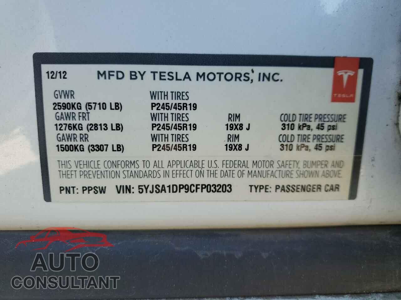 TESLA MODEL S 2012 - 5YJSA1DP9CFP03203