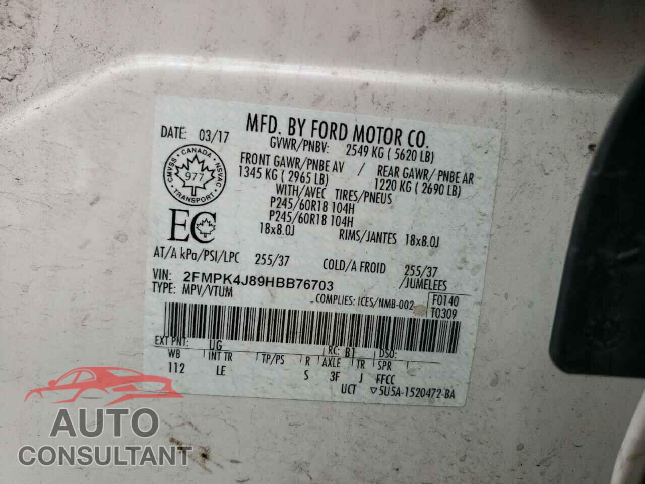 FORD EDGE 2017 - 2FMPK4J89HBB76703
