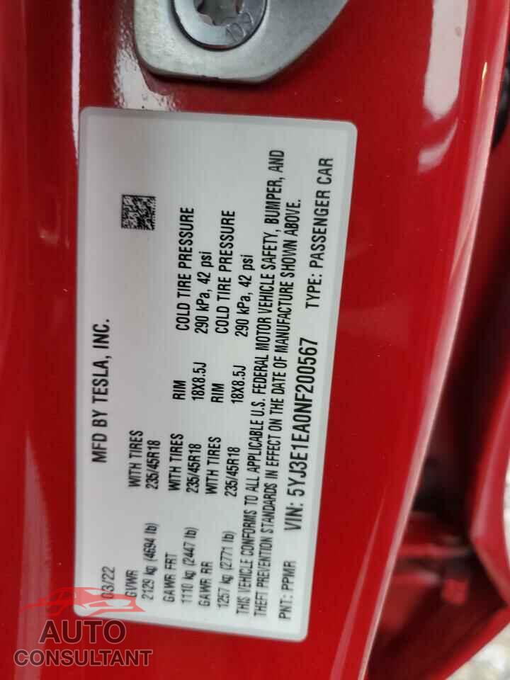TESLA MODEL 3 2022 - 5YJ3E1EA0NF200567