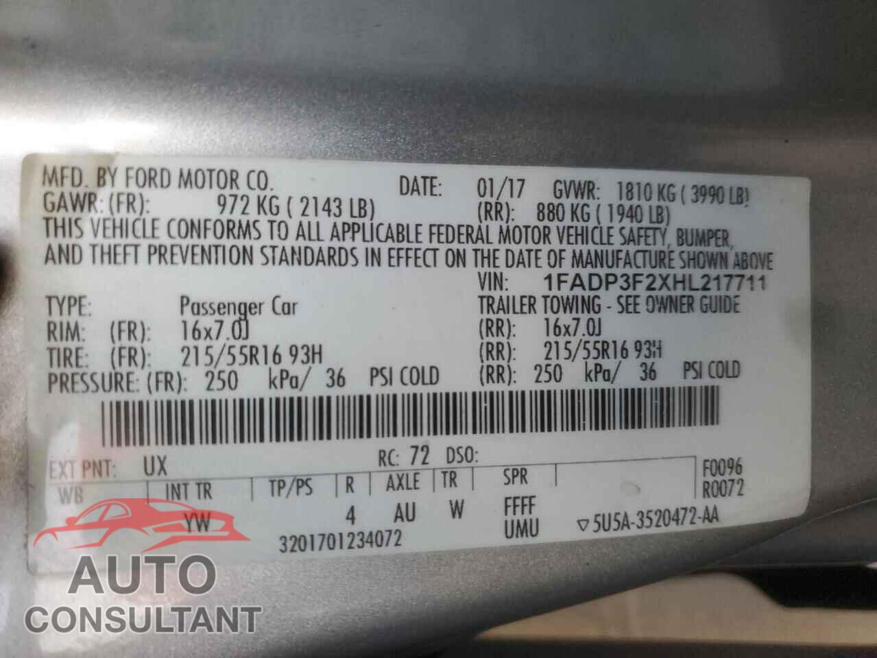 FORD FOCUS 2017 - 1FADP3F2XHL217711