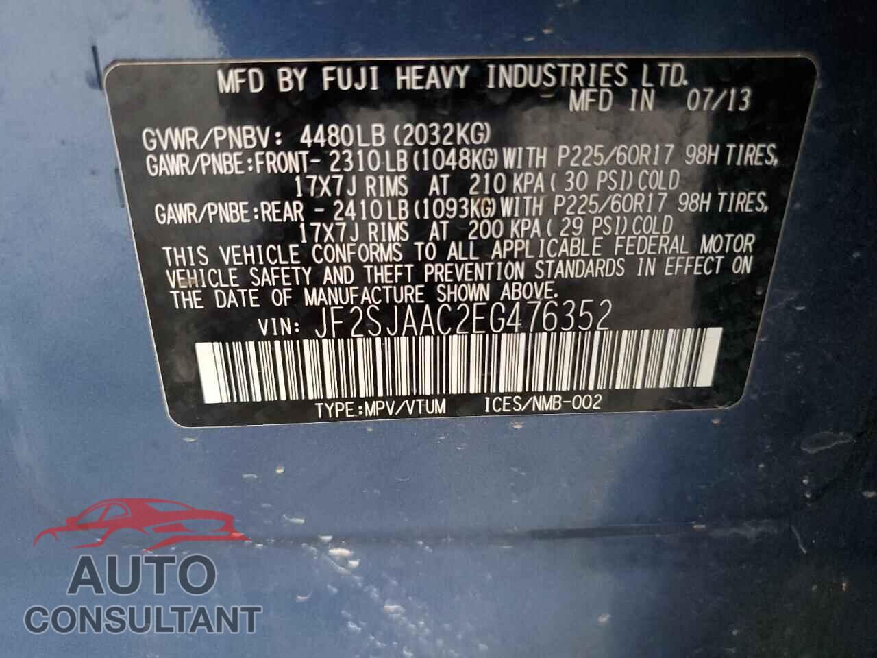 SUBARU FORESTER 2014 - JF2SJAAC2EG476352