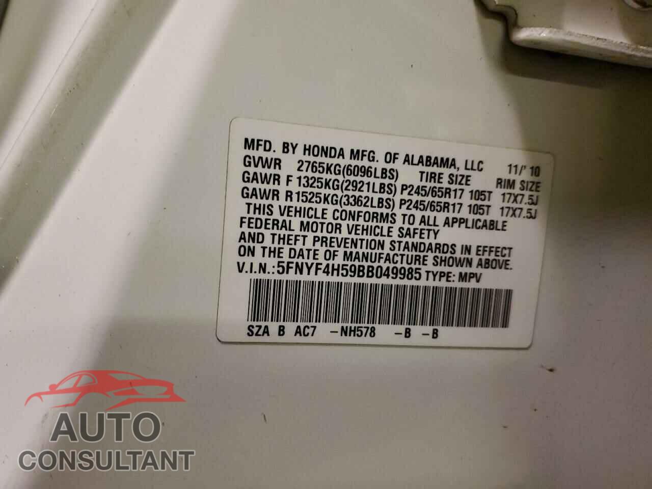 HONDA PILOT 2011 - 5FNYF4H59BB049985