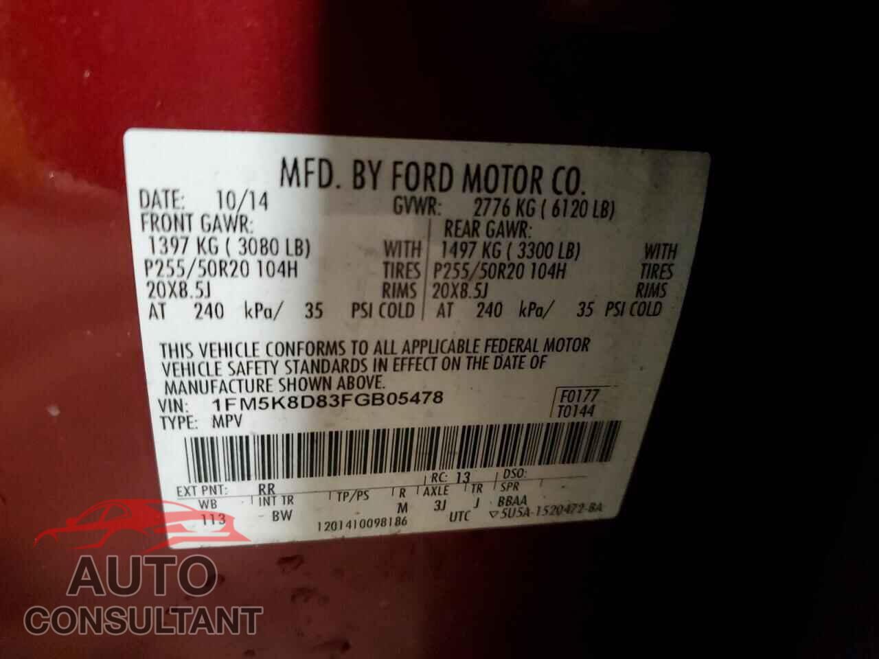 FORD EXPLORER 2015 - 1FM5K8D83FGB05478