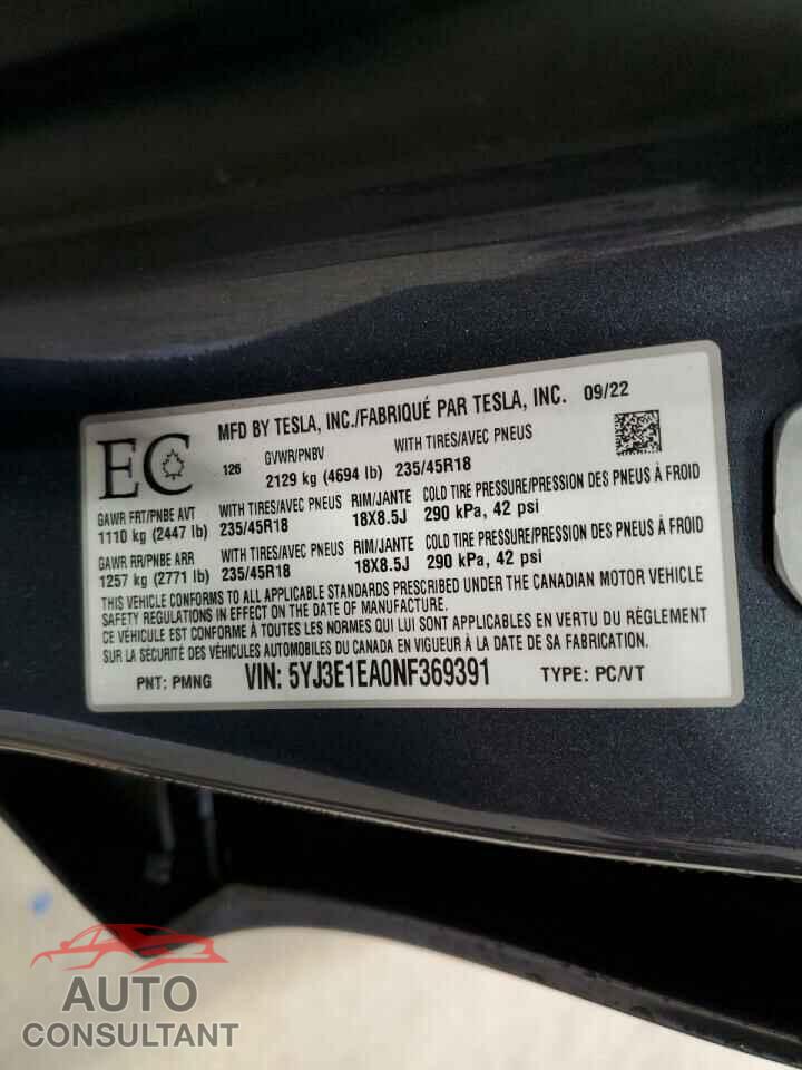 TESLA MODEL 3 2022 - 5YJ3E1EA0NF369391