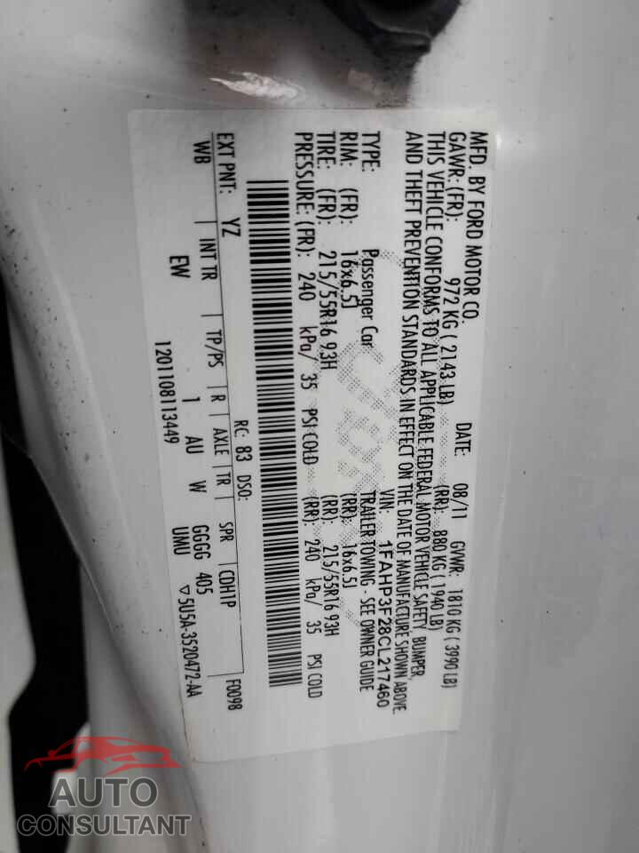 FORD FOCUS 2012 - 1FAHP3F28CL217460