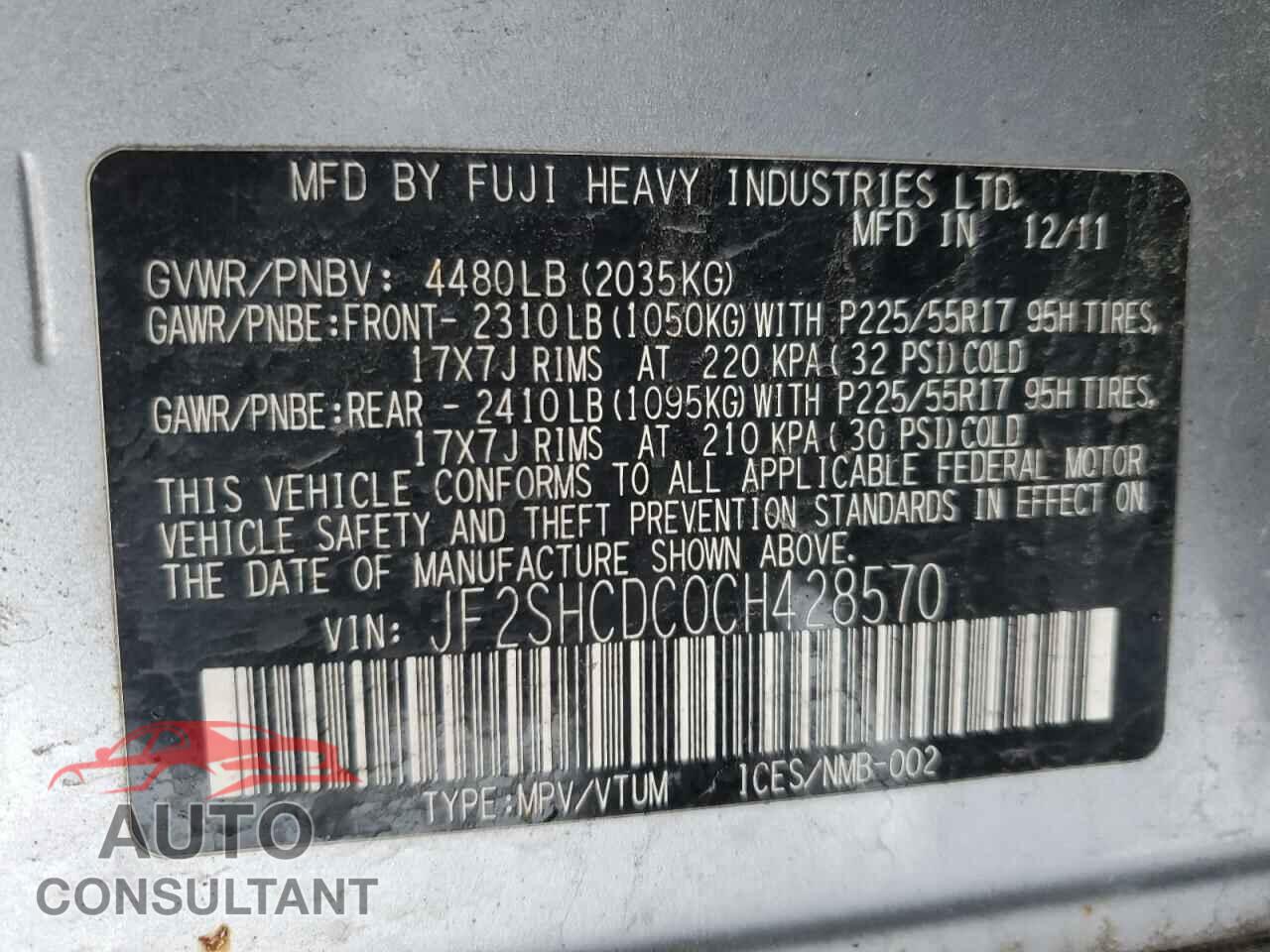 SUBARU FORESTER 2012 - JF2SHCDC0CH428570