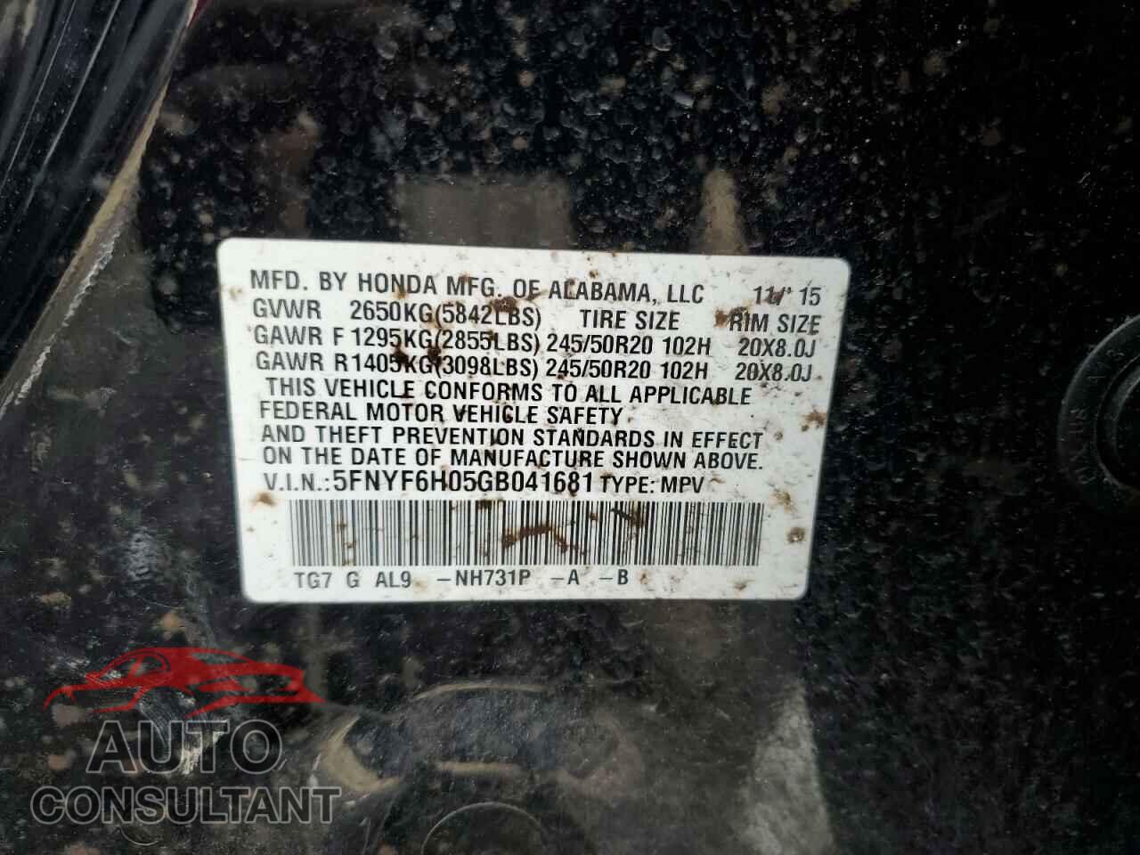 HONDA PILOT 2016 - 5FNYF6H05GB041681