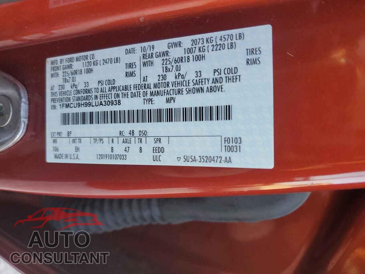 FORD ESCAPE 2020 - 1FMCU9H99LUA30938