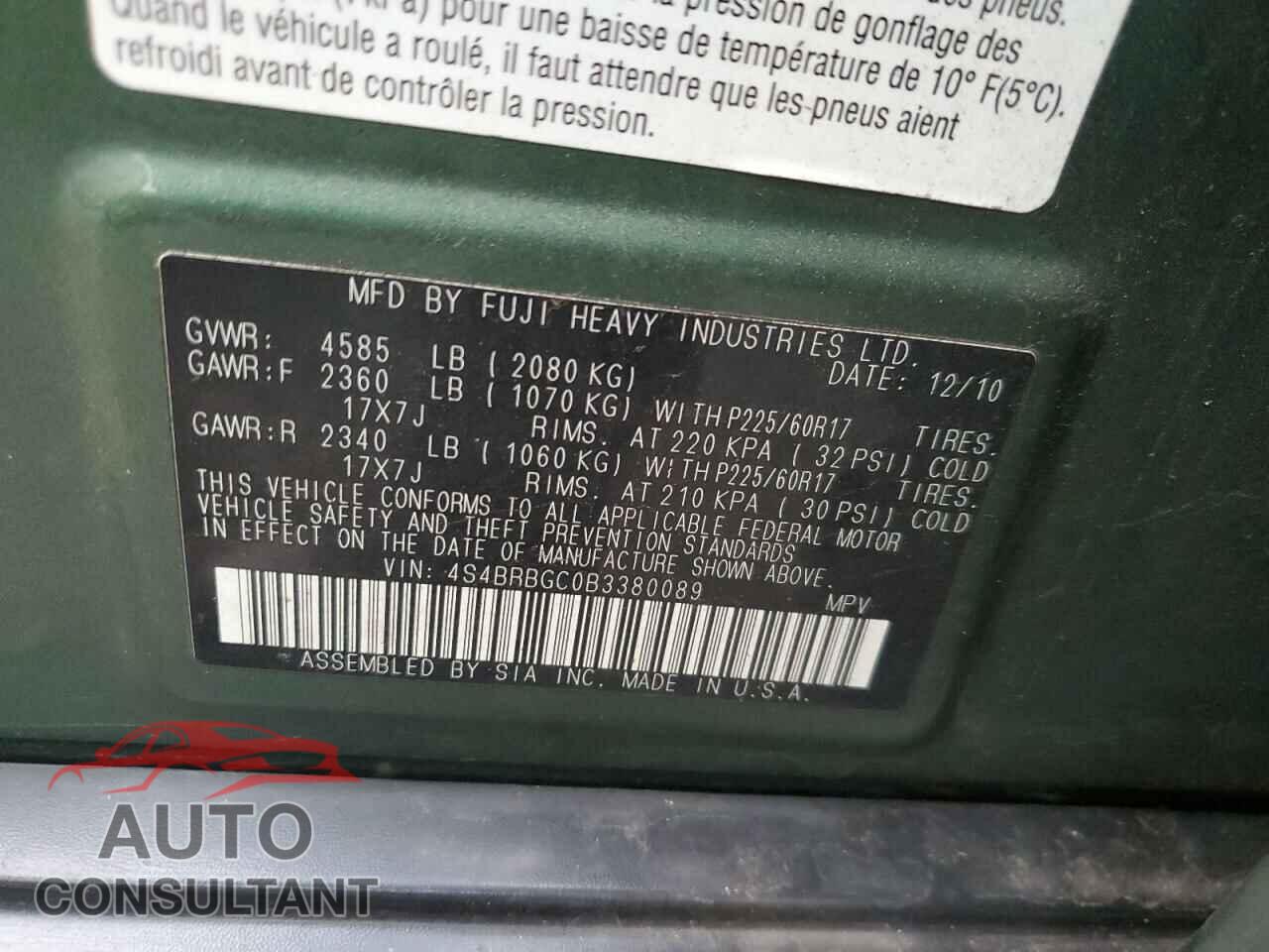 SUBARU OUTBACK 2011 - 4S4BRBGC0B3380089