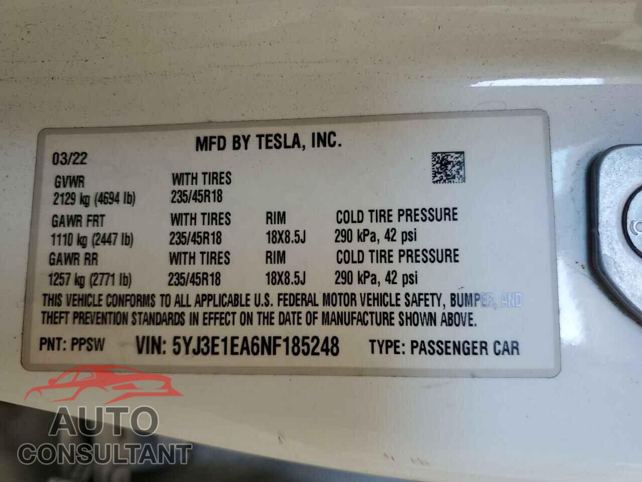 TESLA MODEL 3 2022 - 5YJ3E1EA6NF185248