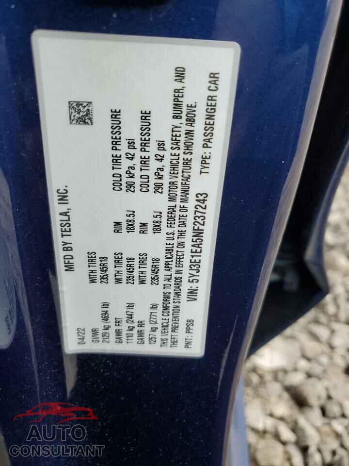 TESLA MODEL 3 2022 - 5YJ3E1EA5NF237243