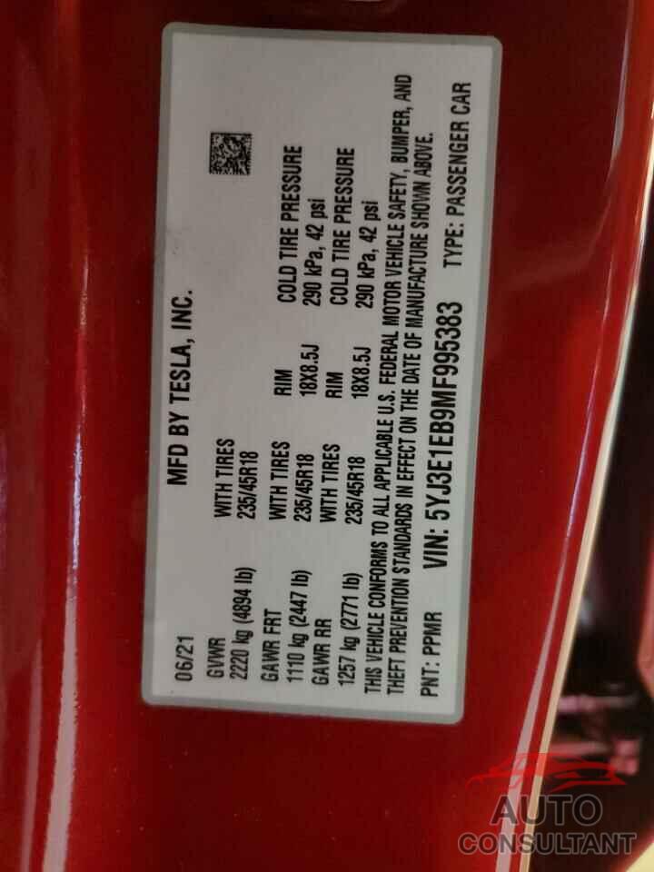 TESLA MODEL 3 2021 - 5YJ3E1EB9MF995383