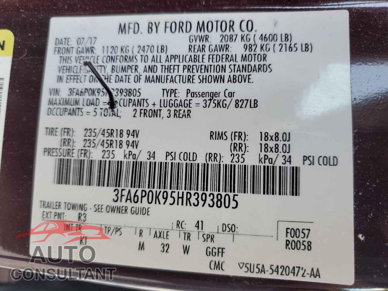 FORD FUSION 2017 - 3FA6P0K95HR393805