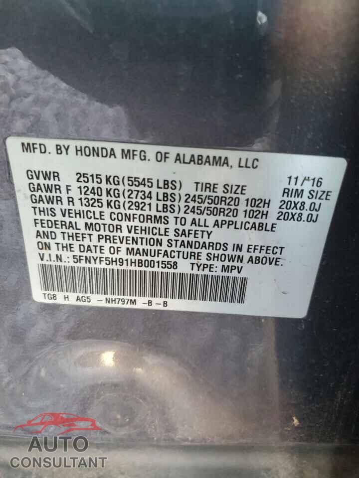 HONDA PILOT 2017 - 5FNYF5H91HB001558