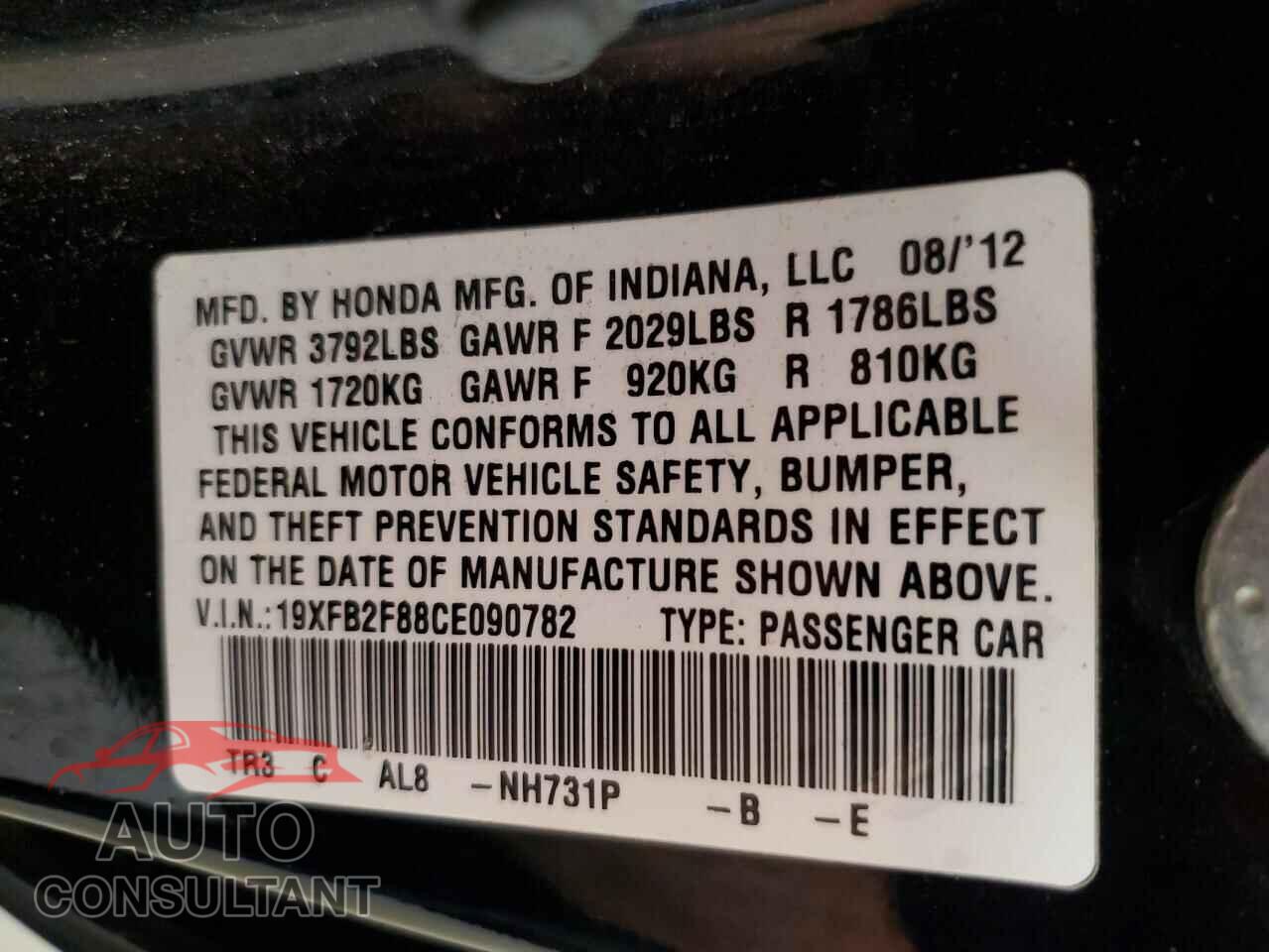 HONDA CIVIC 2012 - 19XFB2F88CE090782